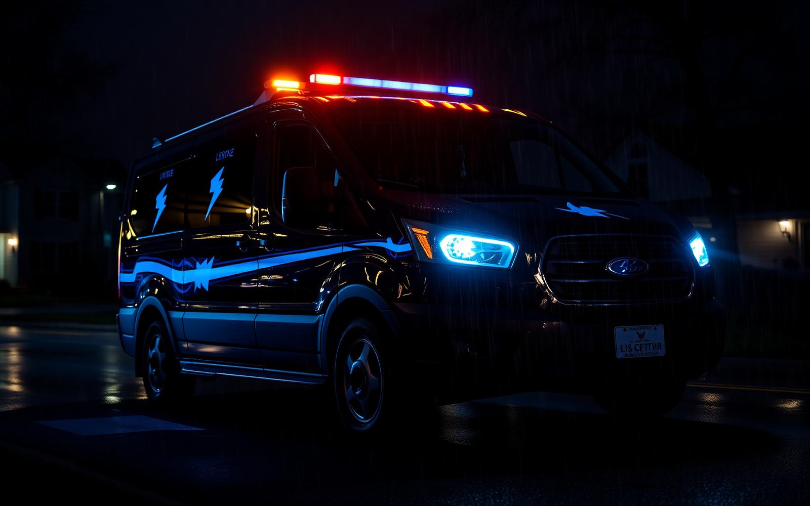 Bolt's roadside response van on a rainy Northern Virginia street at night